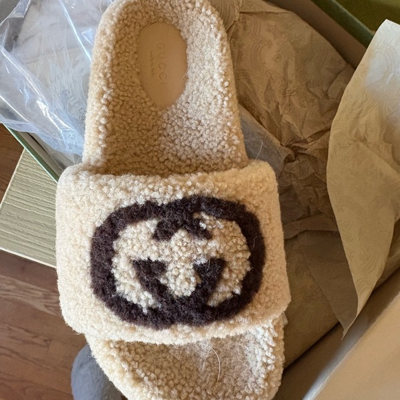 Gucci Shoes - Gucci Cream Shearling Slide with Brown Logo